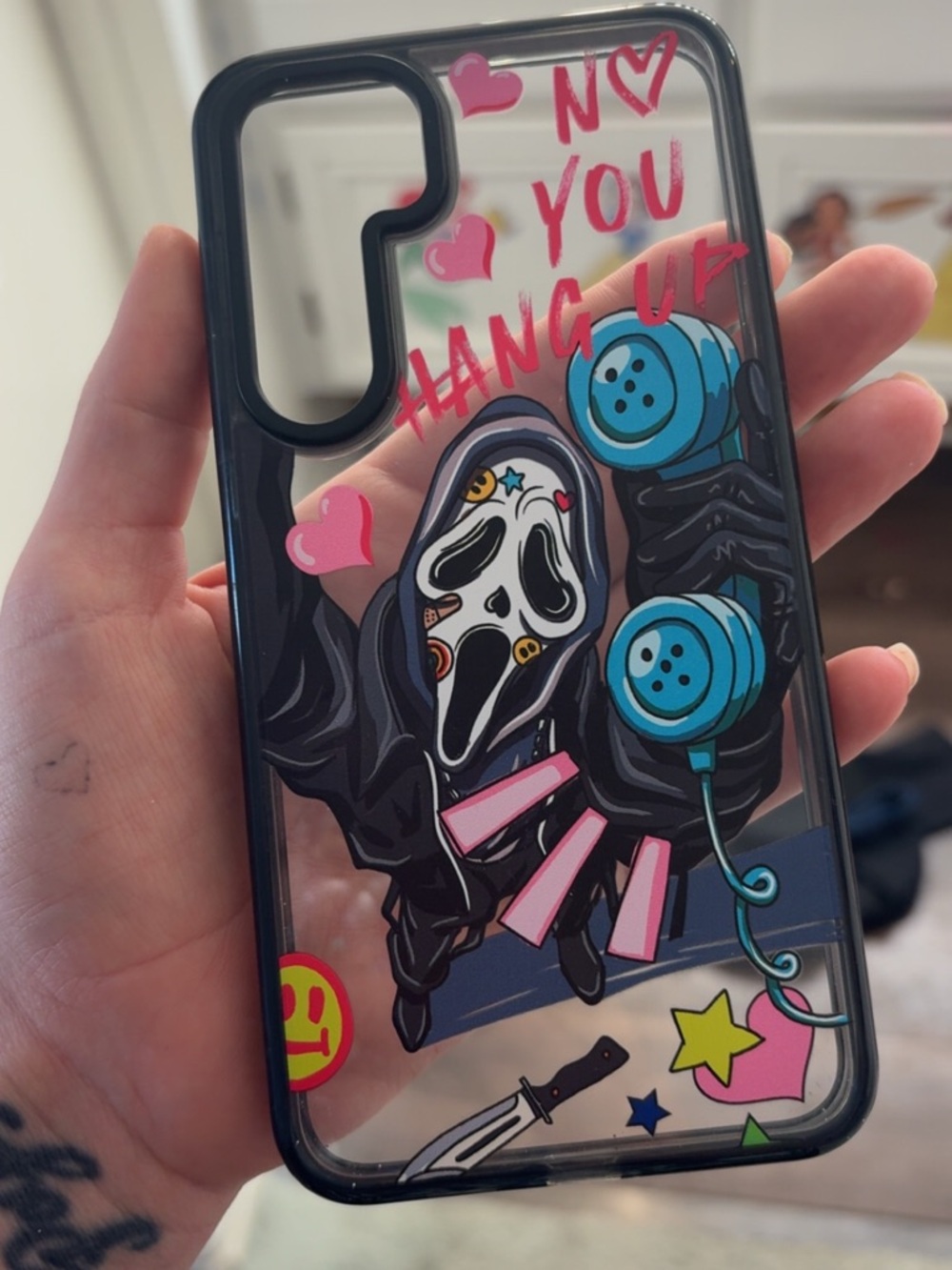 Clear Decorative Phone Case with Pink & Blue Graphic Design